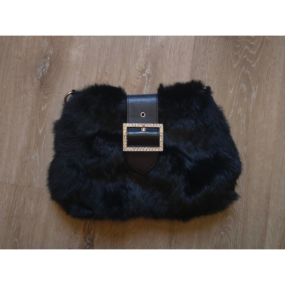 Aqua Madonna Black Rabbit Fur Clutch Roma Leather Trim Evening Bag Turquoise
